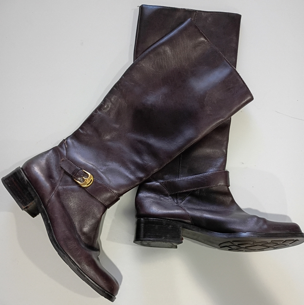 Etienne Aigner Elegant Brown Leather Knee-High Riding Derby Boots Size 6 1/2M